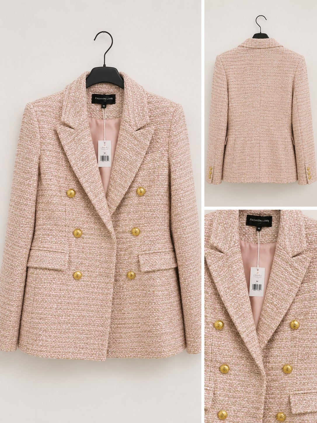 Generation Love Pink Tweed Double-Breasted Blazer With Gold Buttons